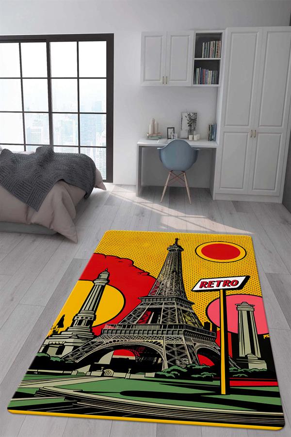 Kaymaz Taban Makinada Yıkanabilir Dijital Baskı Retro Desenli Çocuk Genç Odası Halısı Dot Taban Halı RTR16