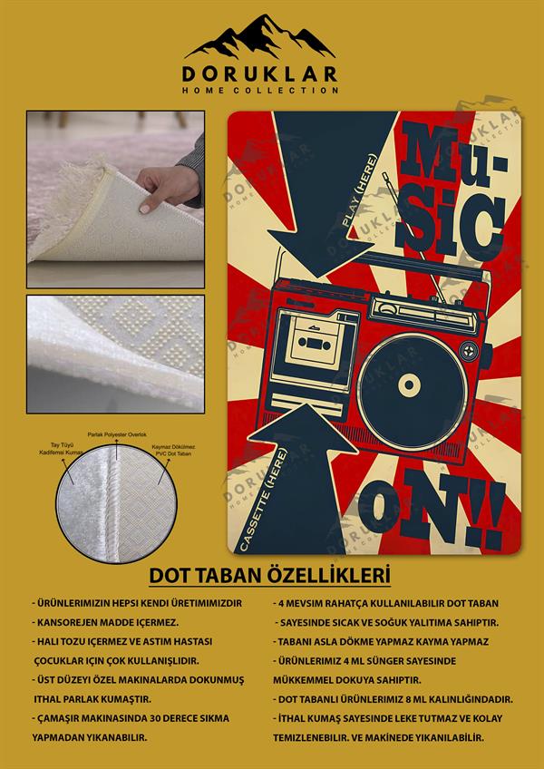 Kaymaz Taban Makinada Yıkanabilir Dijital Baskı Retro Desenli Çocuk Genç Odası Halısı Dot Taban Halı RTR17