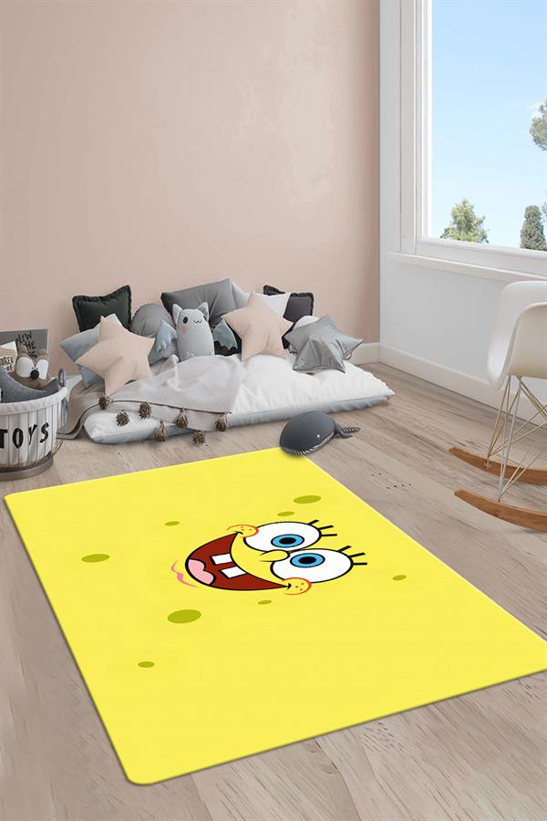 Kaymaz Taban Makinada Yıkanabilir Dijital Baskı Sünger Bob Desenli Çocuk Halısı