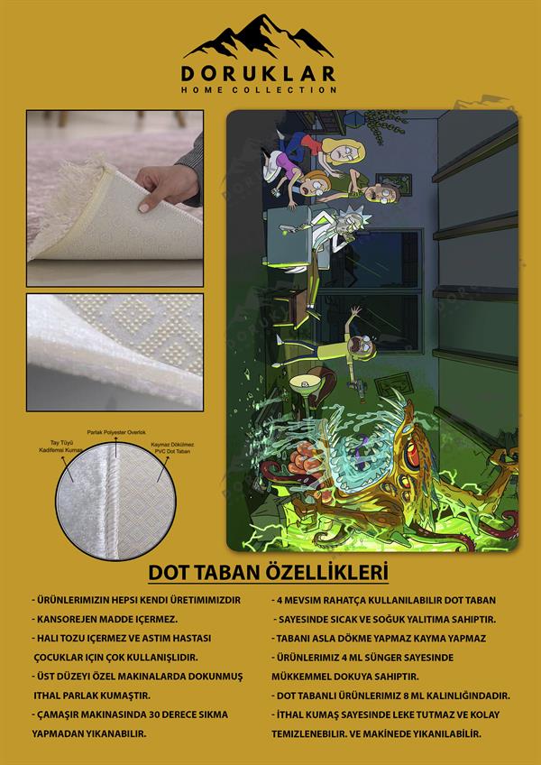Kaymaz Taban Makinada Yıkanabilir Dijital Baskı Rick and Morty Desenli Çocuk Odası Halısı Dot Taban Halı RM04
