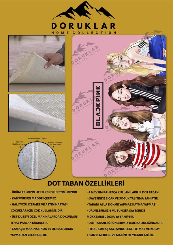 Kaymaz Taban Makinada Yıkanabilir Dijital Baskı Blackpink Desenli Genç ve Çocuk Odası Halısı