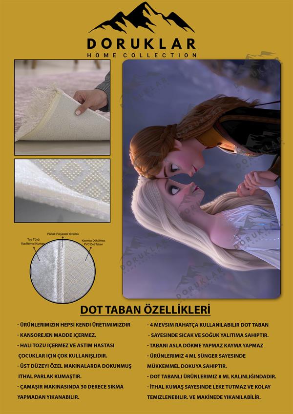 Kaymaz Taban Makinada Yıkanabilir Dijital Baskı Elsa ve Anna Desenli Genç Odası Halısı Dot Taban Halı GNC54