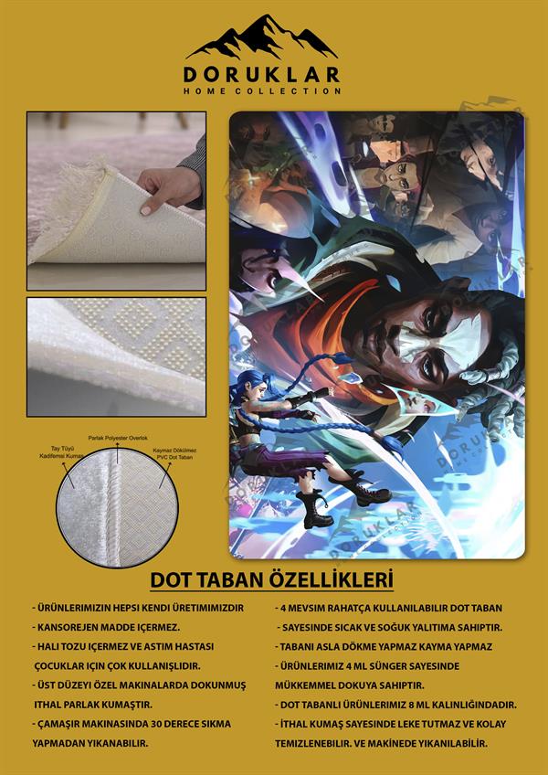 Kaymaz Taban Makinada Yıkanabilir Dijital Baskı Arcane Jinx ve Ekko Desenli Çocuk Odası Halısı Dot Taban Halı ARC19