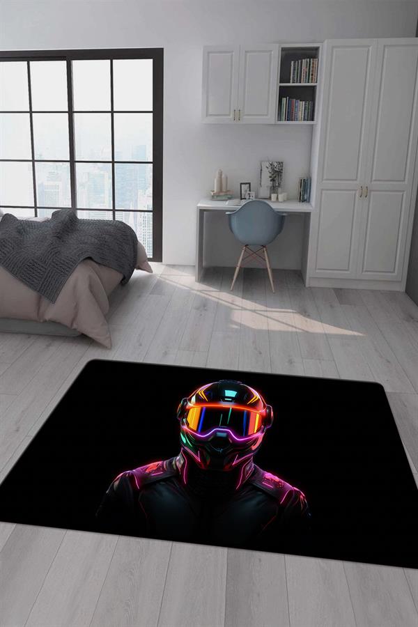 Kaymaz Taban Makinada Yıkanabilir Dijital Baskı Neon Kask Desenli Çocuk Odası Halısı Dot Taban Halı RHR04