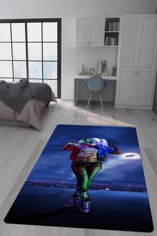 Kaymaz Taban Makinada Yıkanabilir Dijital Baskı Harley Quinn Desenli Genç Odası Halısı Dot Taban Halı GNC42