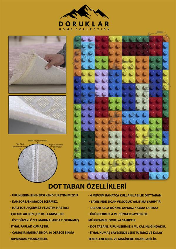 Kaymaz Taban Makinada Yıkanabilir Dijital Baskı LEGO Desenli Genç Halısı Dot Taban Halı