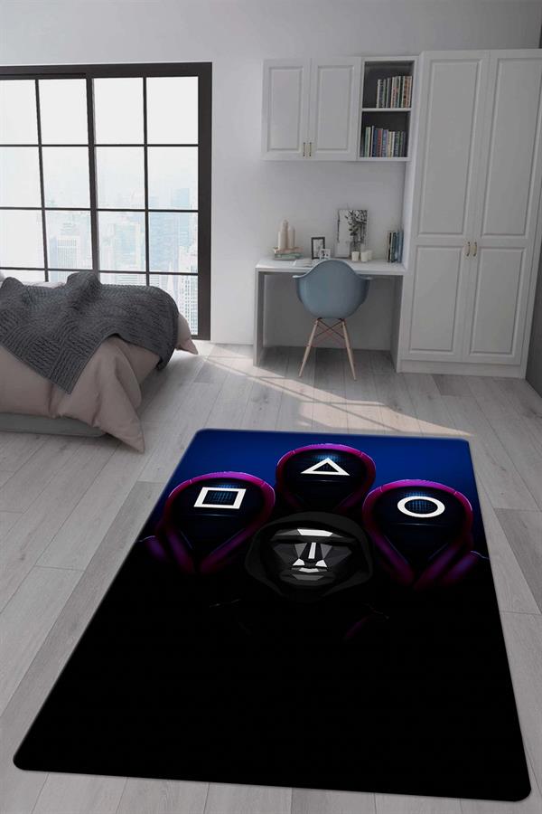 Kaymaz Taban Makinada Yıkanabilir Dijital Baskı Squid Game Desenli Genç Odası Halısı Dot Taban Halı GNC14