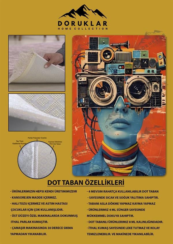 Kaymaz Taban Makinada Yıkanabilir Dijital Baskı Retro Desenli Çocuk Genç Odası Halısı Dot Taban Halı RTR29