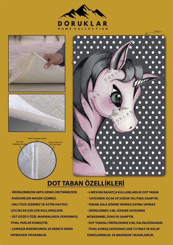 Kaymaz Taban Makinada Yıkanabilir Dijital Baskı Pembe Unicorn Desenli Çocuk Odası Halısı Dot Taban Halı