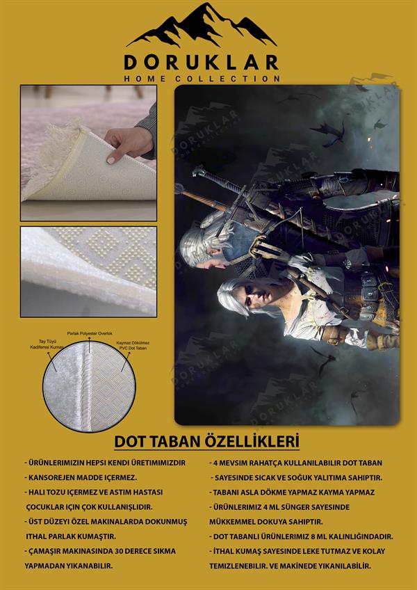 Kaymaz Taban Makinada Yıkanabilir Dijital Baskı Witcher Desenli Genç Odası Halısı Dot Taban Halı GNC71