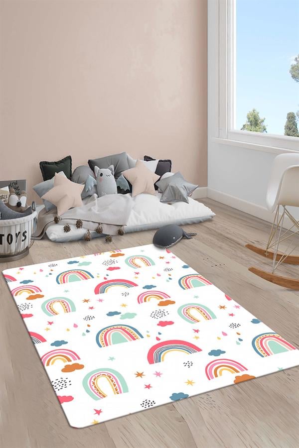 Kaymaz Taban Makinada Yıkanabilir Dijital Baskı Gökkuşağı Desenli Çocuk Odası Halısı Dot Taban Halı RB01
