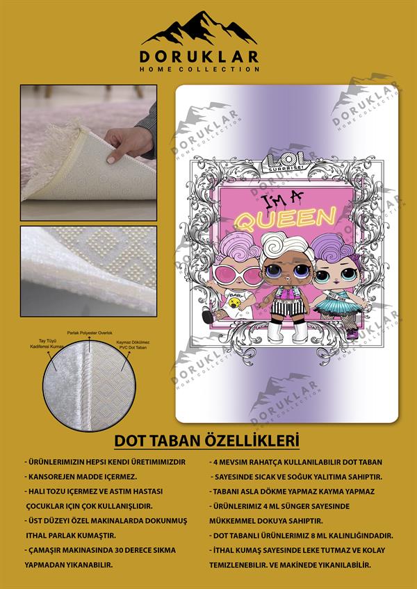 Kaymaz Taban Makinada Yıkanabilir Dijital Baskı Lol Bebekler Desenli Çocuk Odası Halısı Dot Taban Halı