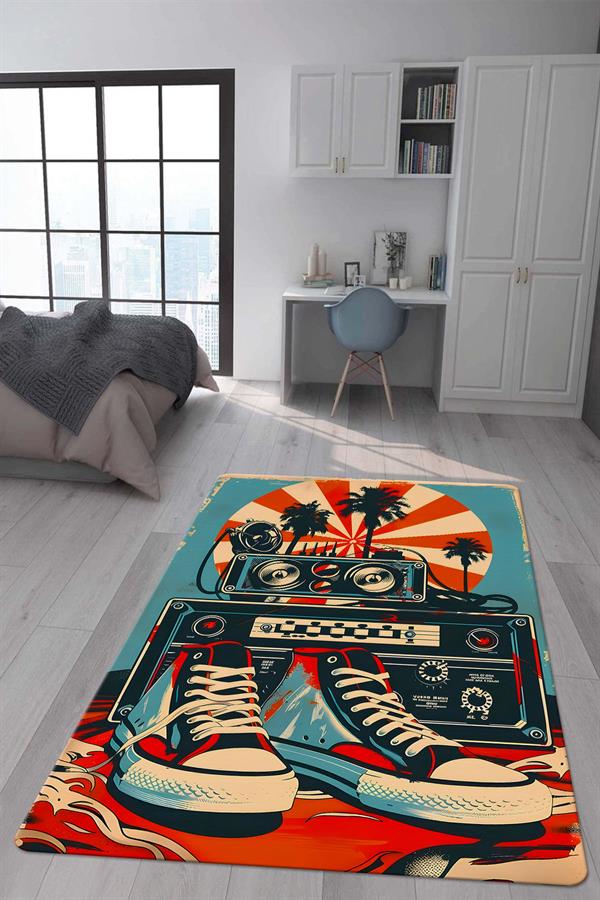 Kaymaz Taban Makinada Yıkanabilir Dijital Baskı Retro Desenli Çocuk Genç Odası Halısı Dot Taban Halı RTR28