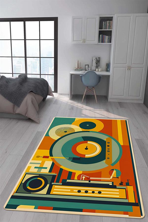 Kaymaz Taban Makinada Yıkanabilir Dijital Baskı Retro Desenli Çocuk Genç Odası Halısı Dot Taban Halı RTR02