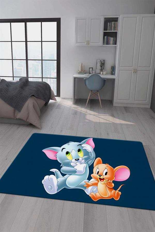 Kaymaz Taban Makinada Yıkanabilir Dijital Baskı Tom ve Jerry Desenli Genç Odası Halısı Dot Taban Halı GNC64