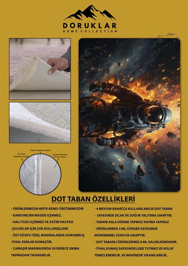Kaymaz Taban Makinada Yıkanabilir Dijital Baskı Astronot Desenli Çocuk Halısı
