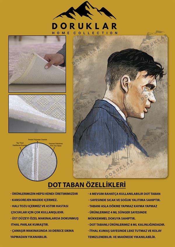 Kaymaz Taban Makinada Yıkanabilir Dijital Baskı Thomas Shelby Desenli Genç Odası Halısı Dot Taban Halı GNC37