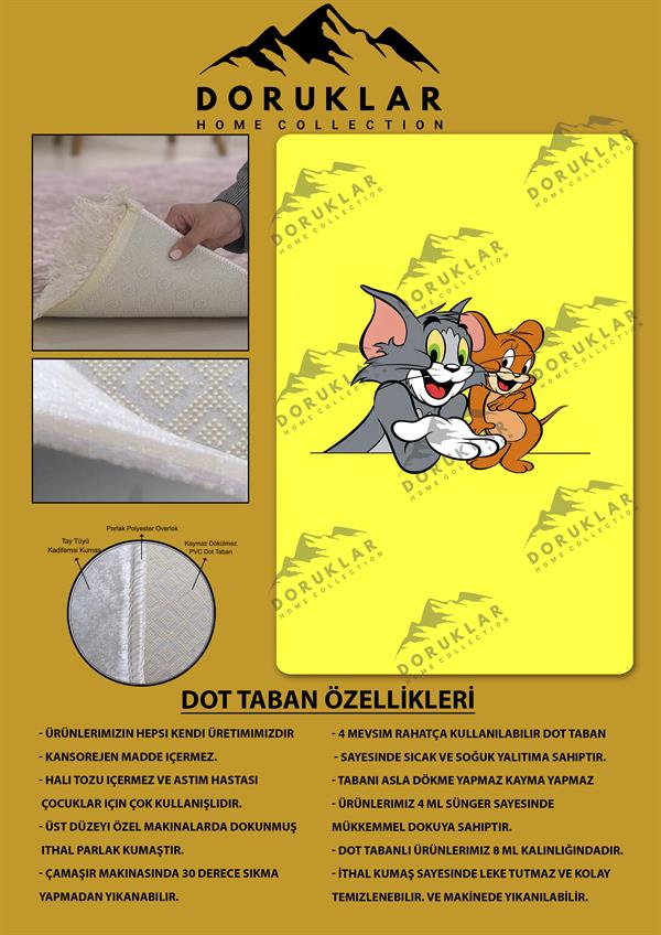 Kaymaz Taban Makinada Yıkanabilir Dijital Baskı Tom ve Jerry Desenli Genç Odası Halısı Dot Taban Halı GNC48