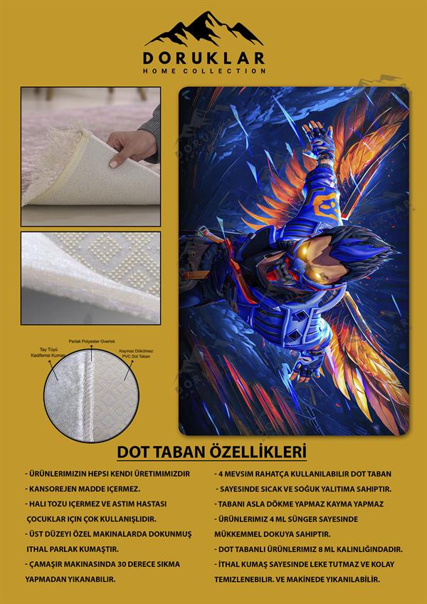 Kaymaz Taban Makinada Yıkanabilir Dijital Baskı Valorant Yoru Desenli Çocuk Odası Halısı Dot Taban Halı VL09