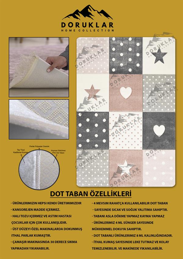 Kaymaz Taban Makinada Yıkanabilir Dijital Baskı Kalp Yıldız Desenli Genç Odası Halısı
