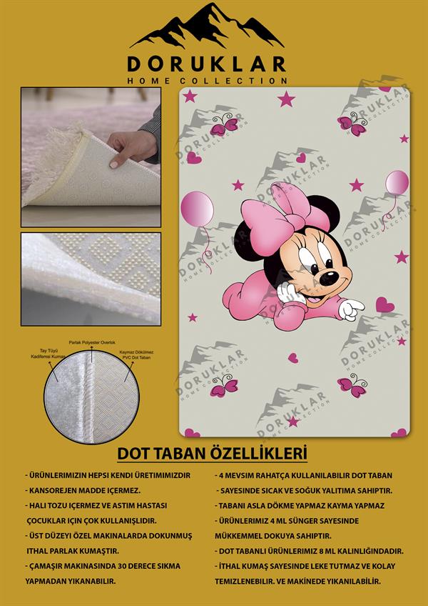 Kaymaz Taban Makinada Yıkanabilir Dijital Baskı Mickey Desenli Çocuk Odası Halısı Dot Taban Halı