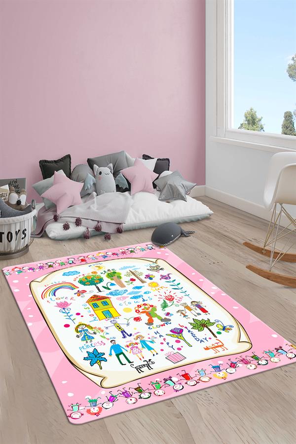 Kaymaz Taban Makinada Yıkanabilir Dijital Baskı Modern Desenli Çocuk Odası Halısı Dot Taban Halı