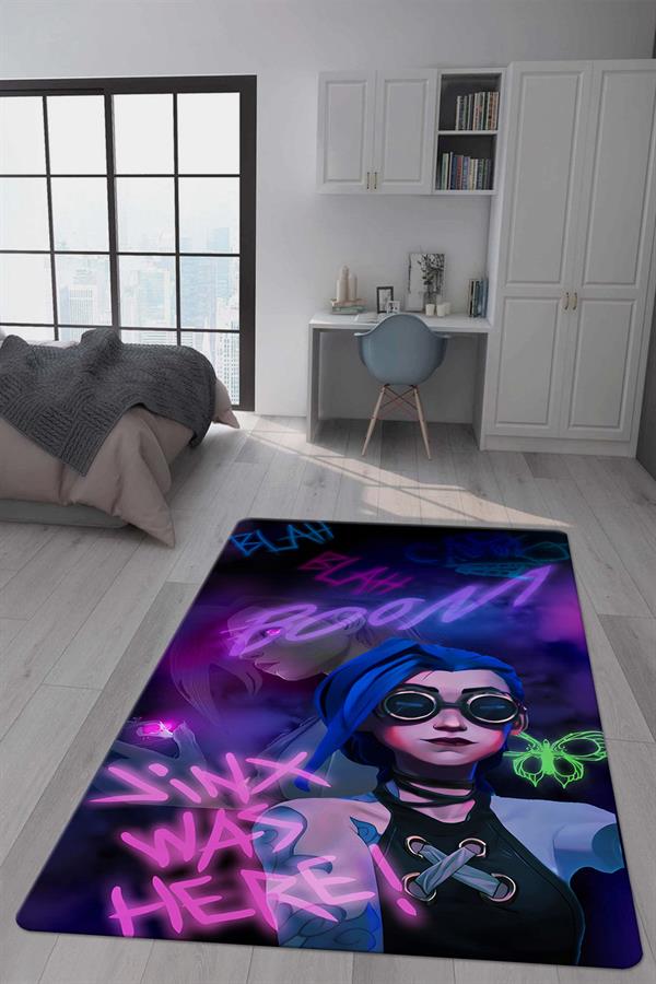 Kaymaz Taban Makinada Yıkanabilir Dijital Baskı Arcane Jinx Desenli Çocuk Odası Halısı Dot Taban Halı ARC04