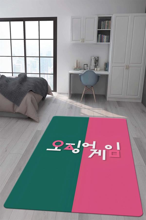 Kaymaz Taban Makinada Yıkanabilir Dijital Baskı Squid Game Desenli Genç Odası Halısı Dot Taban Halı SG02
