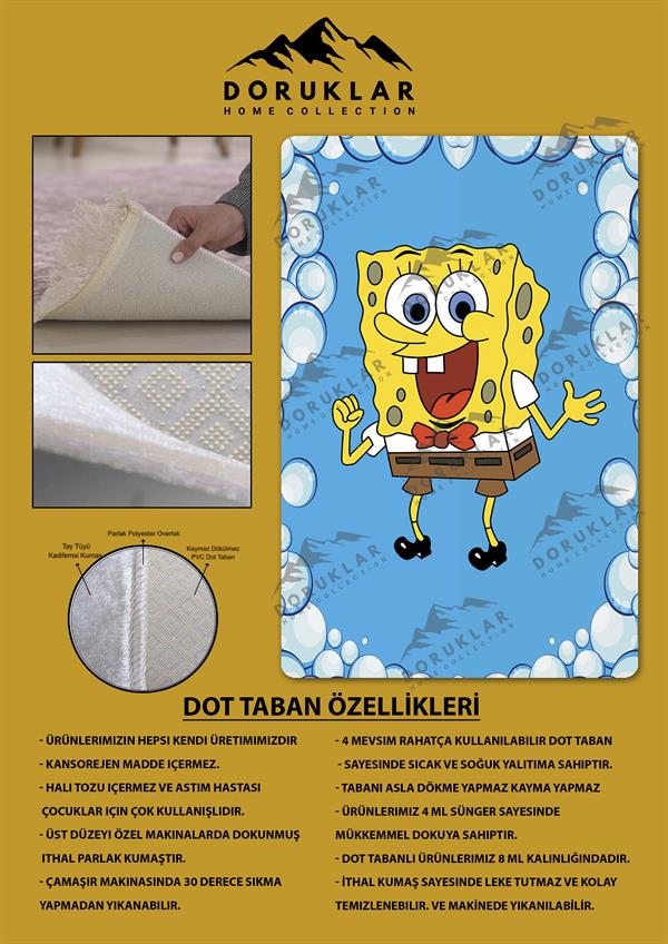 Kaymaz Taban Makinada Yıkanabilir Dijital Baskı SüngerBob Desenli Çocuk Odası Halısı Dot Taban Halı