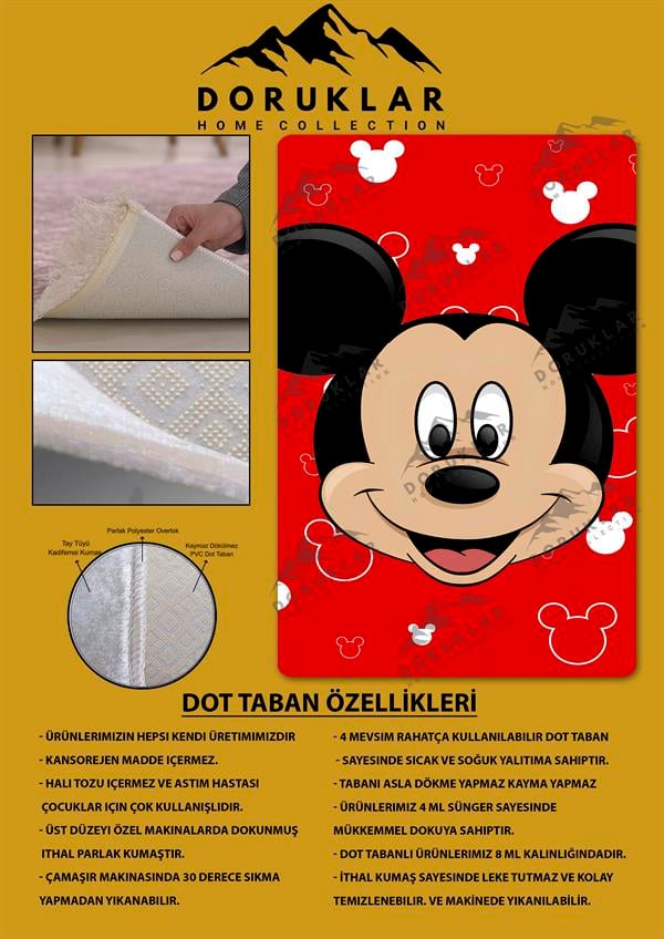 Kaymaz Taban Makinada Yıkanabilir Dijital Baskı Mickey Mouse Desenli Genç Odası Halısı Dot Taban Halı GNC47