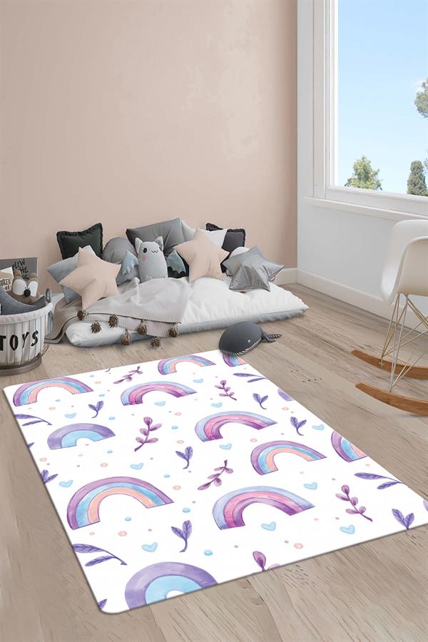 Kaymaz Taban Makinada Yıkanabilir Dijital Baskı Gökkuşağı Desenli Çocuk Odası Halısı Dot Taban Halı RB05