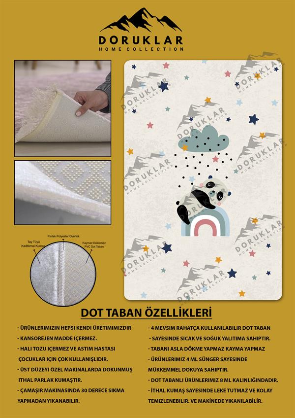 Kaymaz Taban Makinada Yıkanabilir Dijital Baskı Panda Desenli Çocuk Odası Halısı Dot Taban Halı