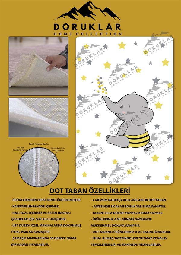 Kaymaz Taban Makinada Yıkanabilir Dijital Baskı Fil Yıldız Desenli Çocuk Odası Halısı Dot Taban Halı