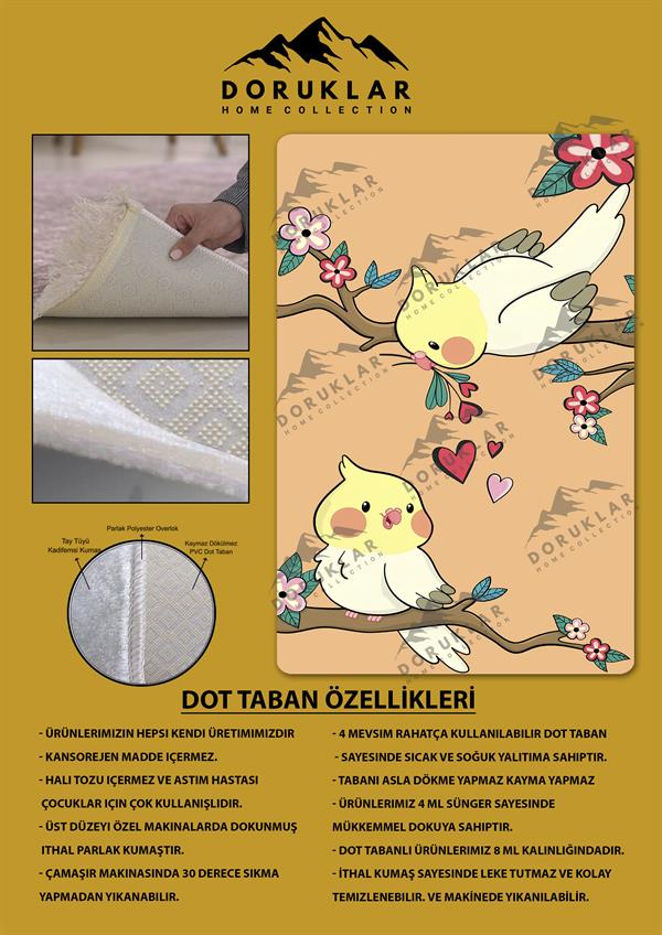 Kaymaz Taban Makinada Yıkanabilir Dijital Baskı Papağan Desenli Genç Halısı Dot Taban Halı