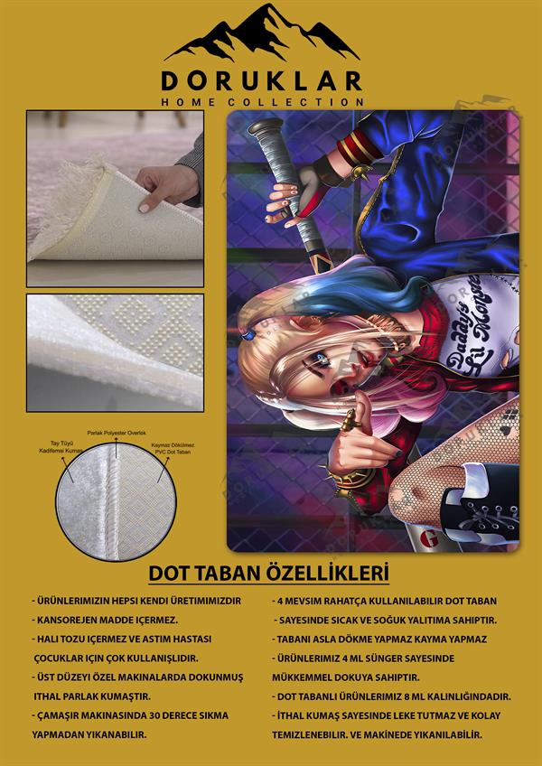 Kaymaz Taban Makinada Yıkanabilir Dijital Baskı Harley Quinn Desenli Genç Odası Halısı Dot Taban Halı GNC21