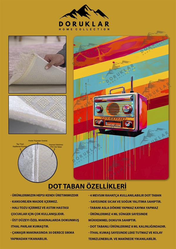 Kaymaz Taban Makinada Yıkanabilir Dijital Baskı Retro Desenli Çocuk Genç Odası Halısı Dot Taban Halı RTR19