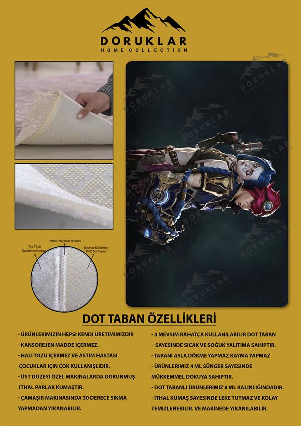 Kaymaz Taban Makinada Yıkanabilir Dijital Baskı Arcane Jinx ve Vi Desenli Çocuk Odası Halısı Dot Taban Halı ARC17