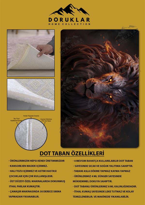 Kaymaz Taban Makinada Yıkanabilir Dijital Baskı Aslan Desenli Genç Odası Halısı