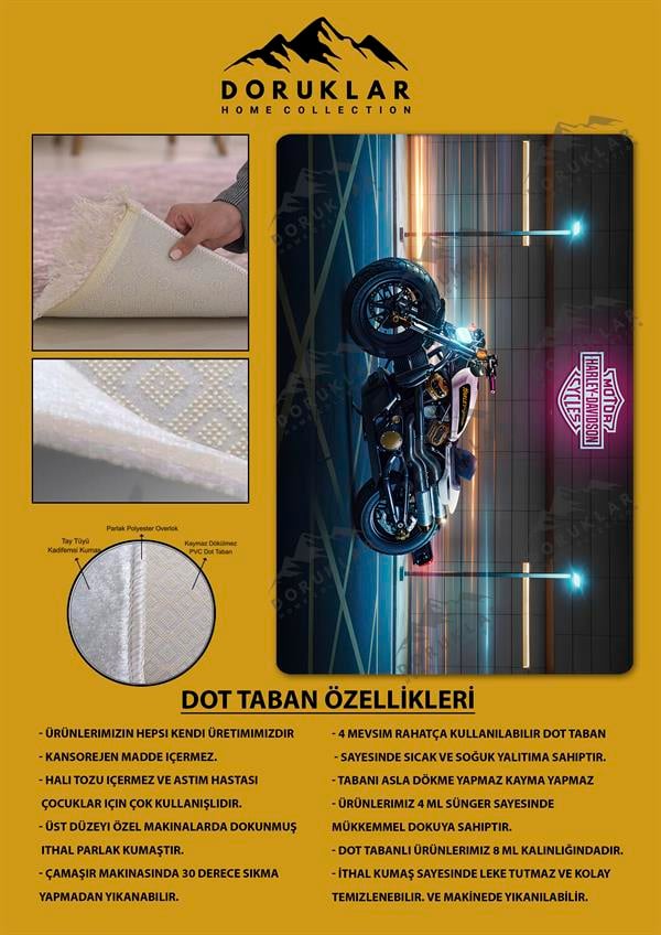 Kaymaz Taban Makinada Yıkanabilir Dijital Baskı Harley Davidson Desenli Çocuk Halısı