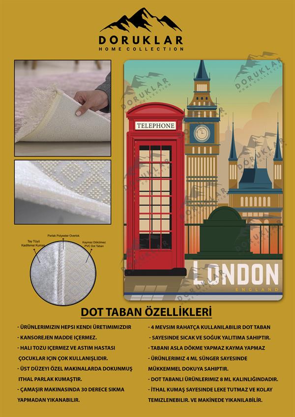 Kaymaz Taban Makinada Yıkanabilir Dijital Baskı London Desenli Genç Odası Halısı