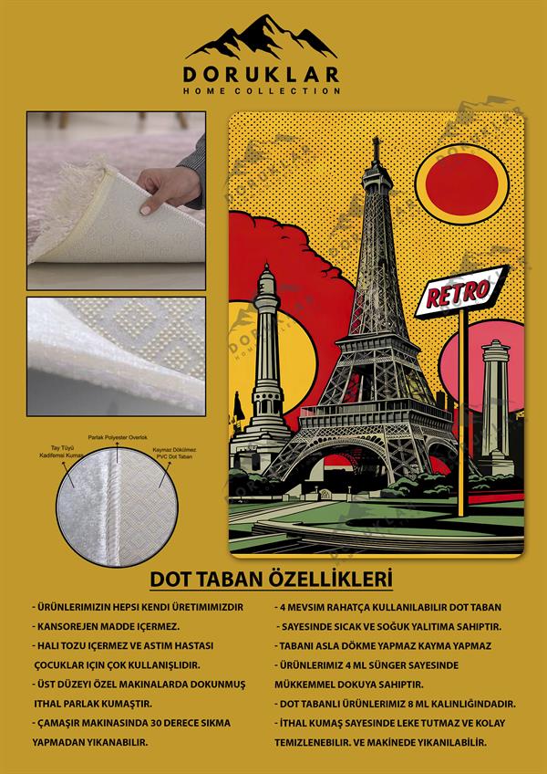 Kaymaz Taban Makinada Yıkanabilir Dijital Baskı Retro Desenli Çocuk Genç Odası Halısı Dot Taban Halı RTR16