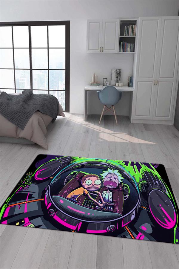 Kaymaz Taban Makinada Yıkanabilir Dijital Baskı Rick and Morty Desenli Çocuk Odası Halısı Dot Taban Halı RM08