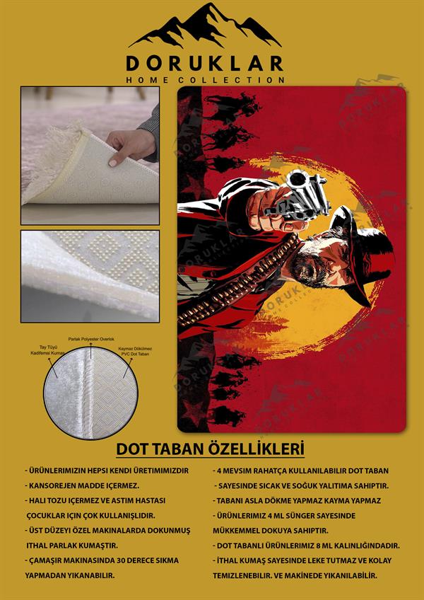 Kaymaz Taban Makinada Yıkanabilir Dijital Baskı RDR2 Desenli Çocuk Odası Halısı Dot Taban Halı BRK10