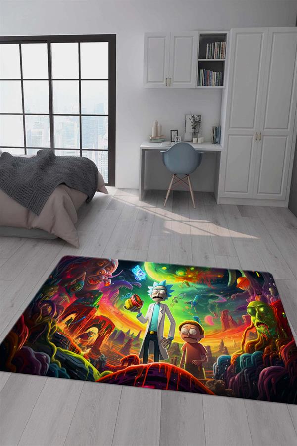 Kaymaz Taban Makinada Yıkanabilir Dijital Baskı Rick and Morty Desenli Genç Odası Halısı Dot Taban Halı GNC35