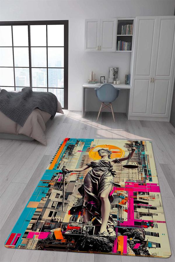 Kaymaz Taban Makinada Yıkanabilir Dijital Baskı Retro Desenli Çocuk Genç Odası Halısı Dot Taban Halı RTR10
