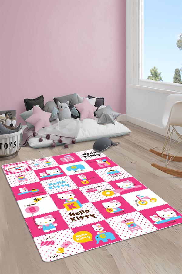 Kaymaz Taban Makinada Yıkanabilir Dijital Baskı Hello Kitty Desenli Çocuk Odası Halısı Dot Taban Halı