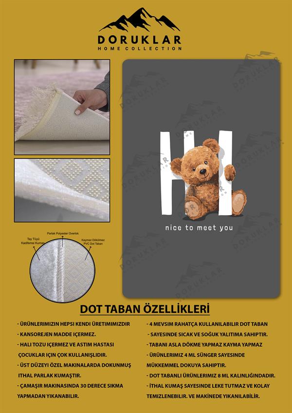Kaymaz Taban Makinada Yıkanabilir Dijital Baskı Hi Ayıcık Desenli Genç Odası Halısı