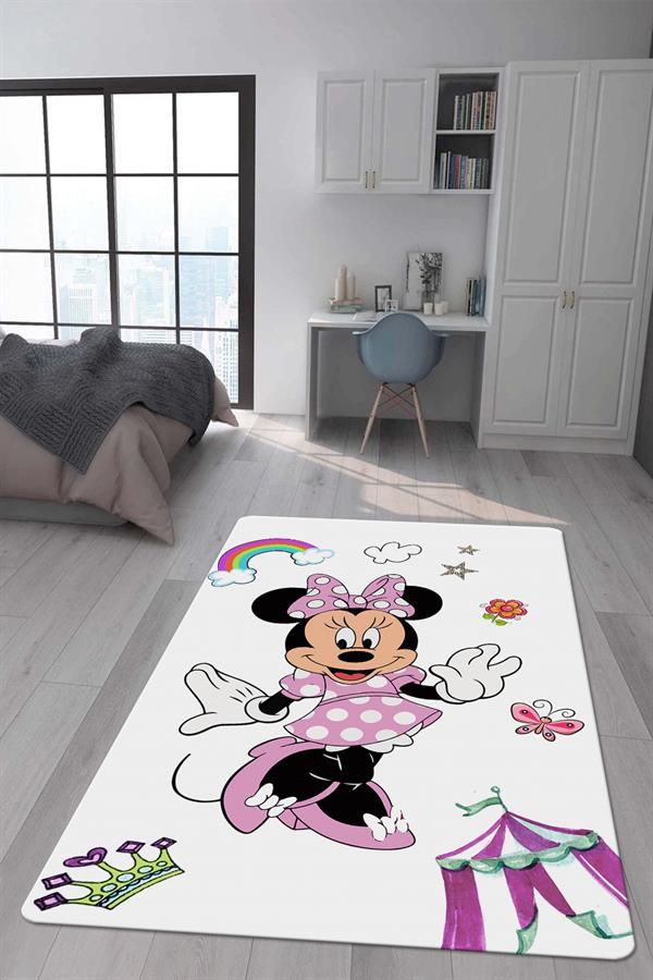 Kaymaz Taban Makinada Yıkanabilir Dijital Baskı Minnie Mouse Desenli Çocuk Odası Halısı Dot Taban Halı