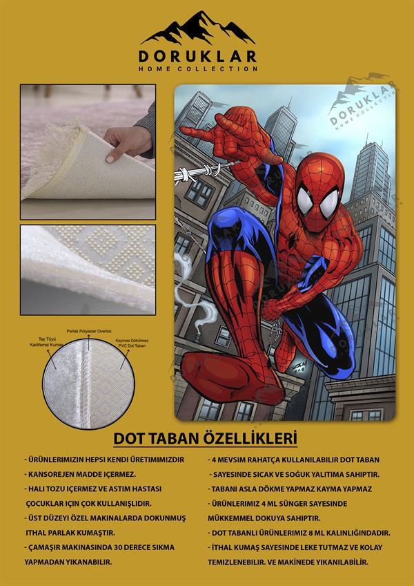 Kaymaz Taban Makinada Yıkanabilir Dijital Baskı Spiderman Desenli Çocuk Odası Halısı Dot Taban Halı