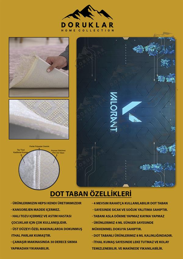 Kaymaz Taban Makinada Yıkanabilir Dijital Baskı Valorant Tasarım Desenli Çocuk Odası Halısı Dot Taban Halı VL13